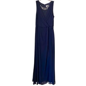 ELIZA J Embellished Chiffon Elegant Navy Blue Sleeveless Dress Gown sz 12